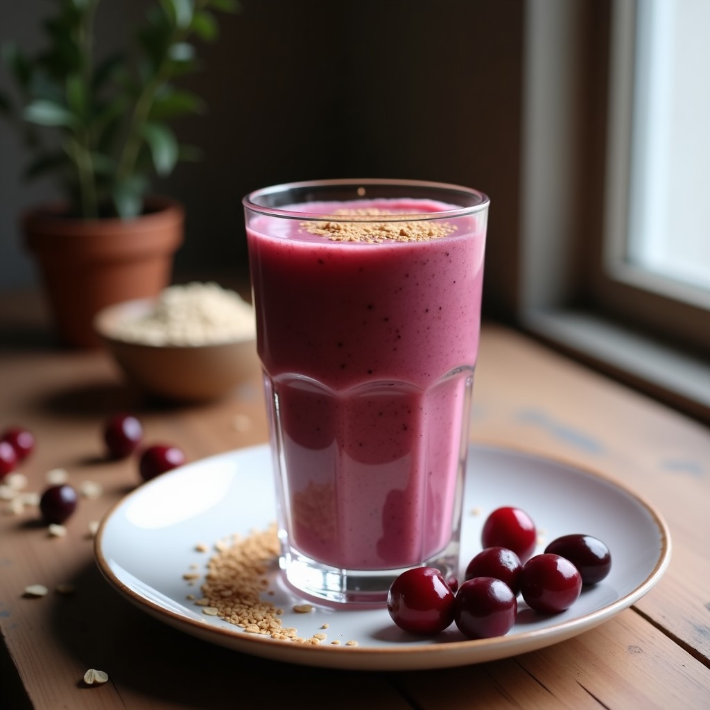 Vaso alto de cristal con smoothie espeso de color rosado oscuro, decorado con semillas de lino dorado y una pizca de canela en la superficie. Al fondo, cerezas ácidas deshidratadas y copos de avena. Receta de smoothie de cereza y avena nocturna para mejorar el sueño.