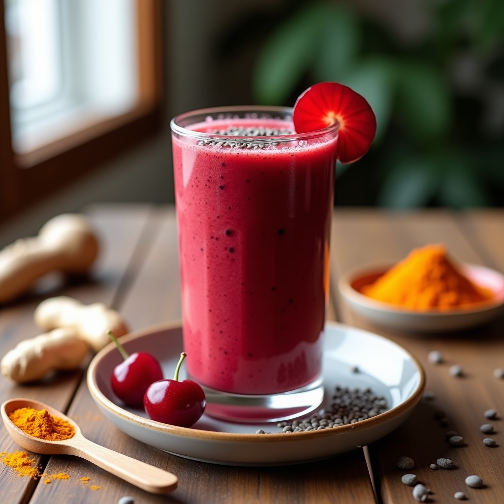 Vaso alto transparente con smoothie de color rojo intenso y burbujas, decorado con semillas de chía en la superficie y una rodaja de cereza fresca en el borde. Fondo con ingredientes dispersos: cúrcuma en polvo, jengibre fresco y semillas de chía. Iluminación natural que resalta los tonos vibrantes de la bebida antiinflamatoria y antioxidante.