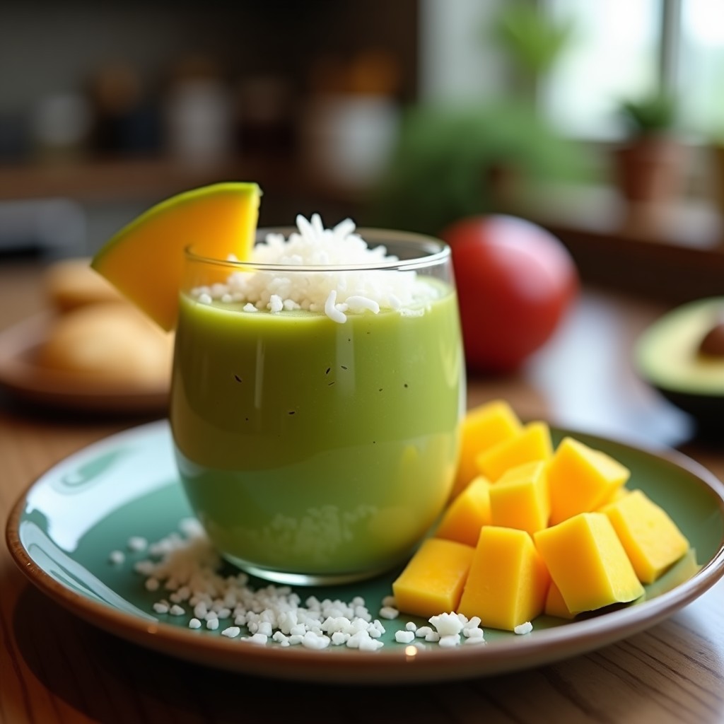 Vaso alto de cristal con smoothie verde esmeralda de chlorella y mango, coronado con coco rallado, granola dorada y hojas de menta fresca. Fondo con trozos de mango y una cucharada de chlorella en polvo sobre una tabla de madera.