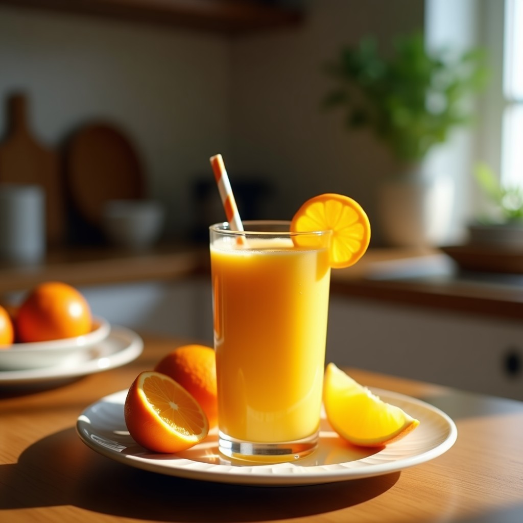 Vaso alto transparente con smoothie de cúrcuma y naranja sanguina, bebida antiinflamatoria de color naranja intenso con vetas rojizas, decorado con una rodaja de naranja sanguina y una pizca de cúrcuma en polvo sobre un fondo de madera clara.