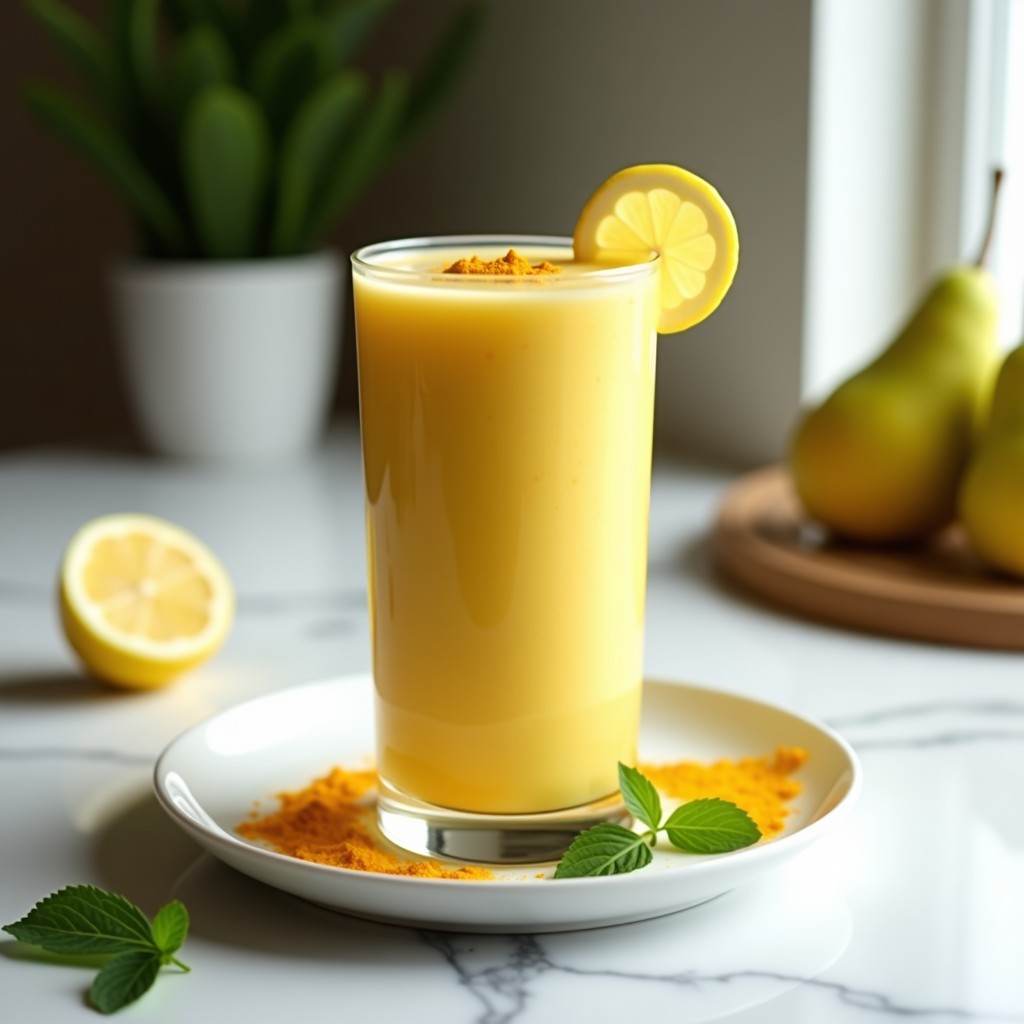 Vaso alto transparente con smoothie de cúrcuma y pera de color dorado pálido, decorado con una pizca de cúrcuma en polvo y una rodaja de limón al borde. Fondo blanco con hojas de menta fresca.