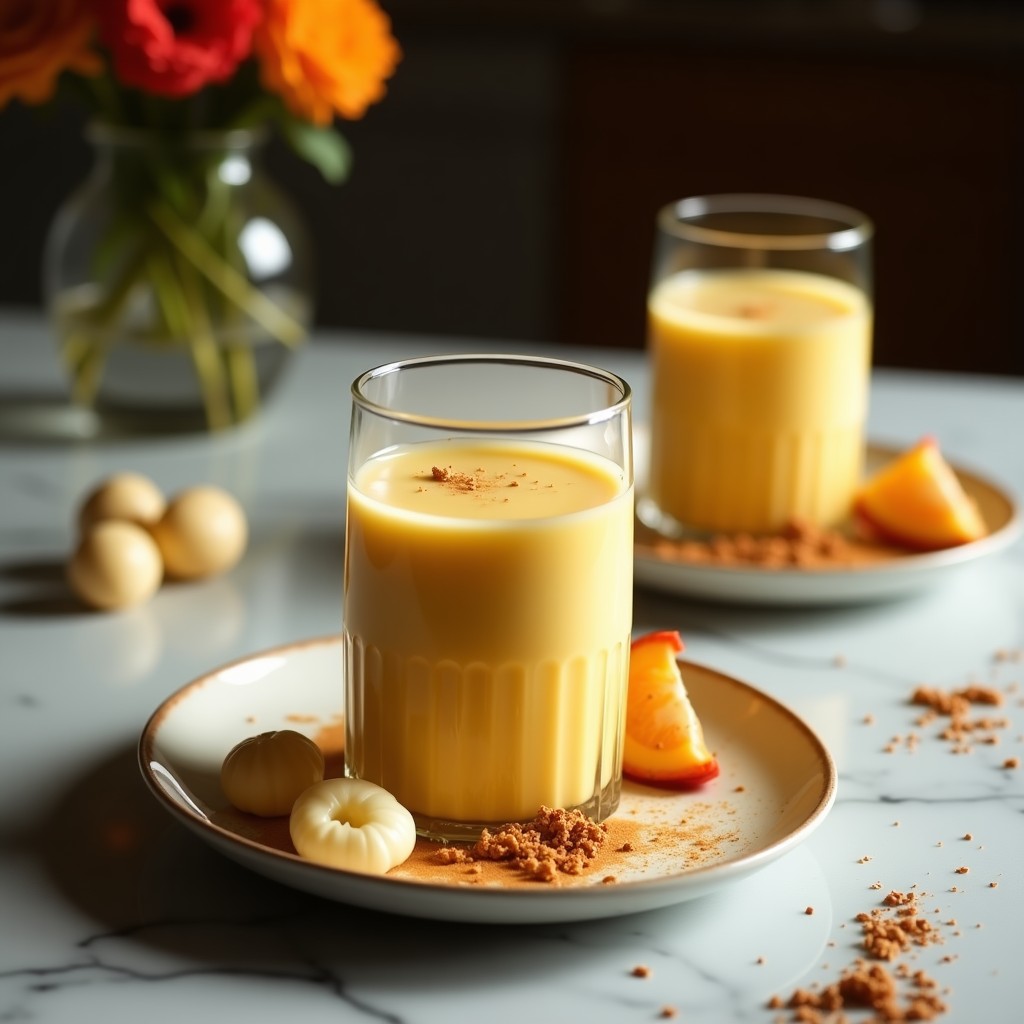 Vaso alto transparente con smoothie dorado de cúrcuma y plátano, coronado con una pizca de canela en polvo. Fondo con ingredientes: plátano, dátiles, jengibre y semillas de chía dispersos sobre una tabla de madera rústica. Luz natural suave.