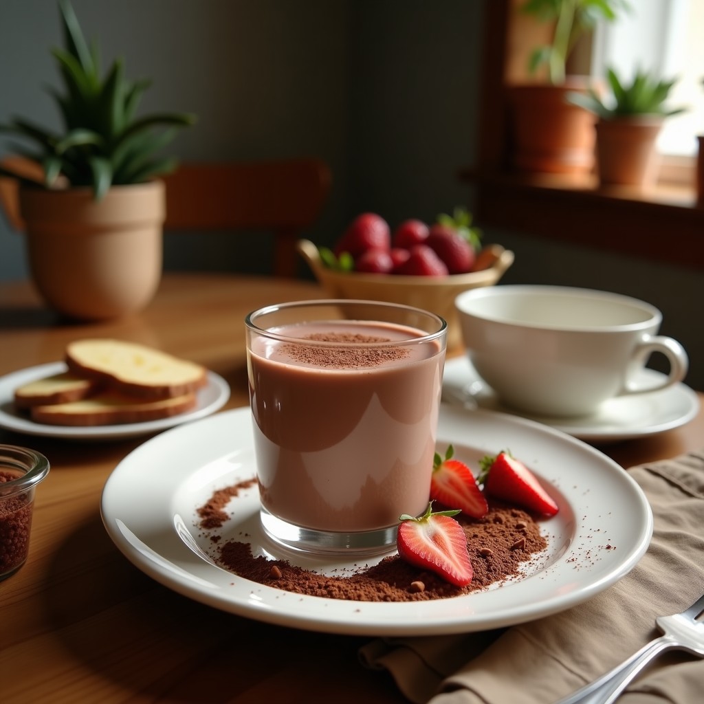 Vaso alto de cristal con smoothie energético de cacao y avena, espolvoreado con cacao en polvo y semillas de chía, acompañado de un plátano y copos de avena en la mesa.
