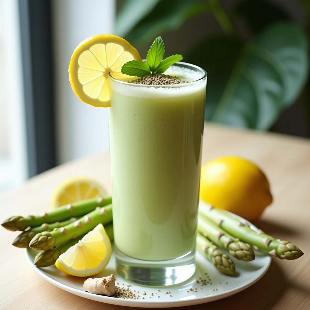Vaso alto de cristal con smoothie verde pálido de espárragos blancos y limón, decorado con una rodaja de limón amarillo, semillas de cáñamo y hojas de menta fresca. Fondo claro con ingredientes dispersos: espárragos blancos, limón cortado y jengibre fresco.