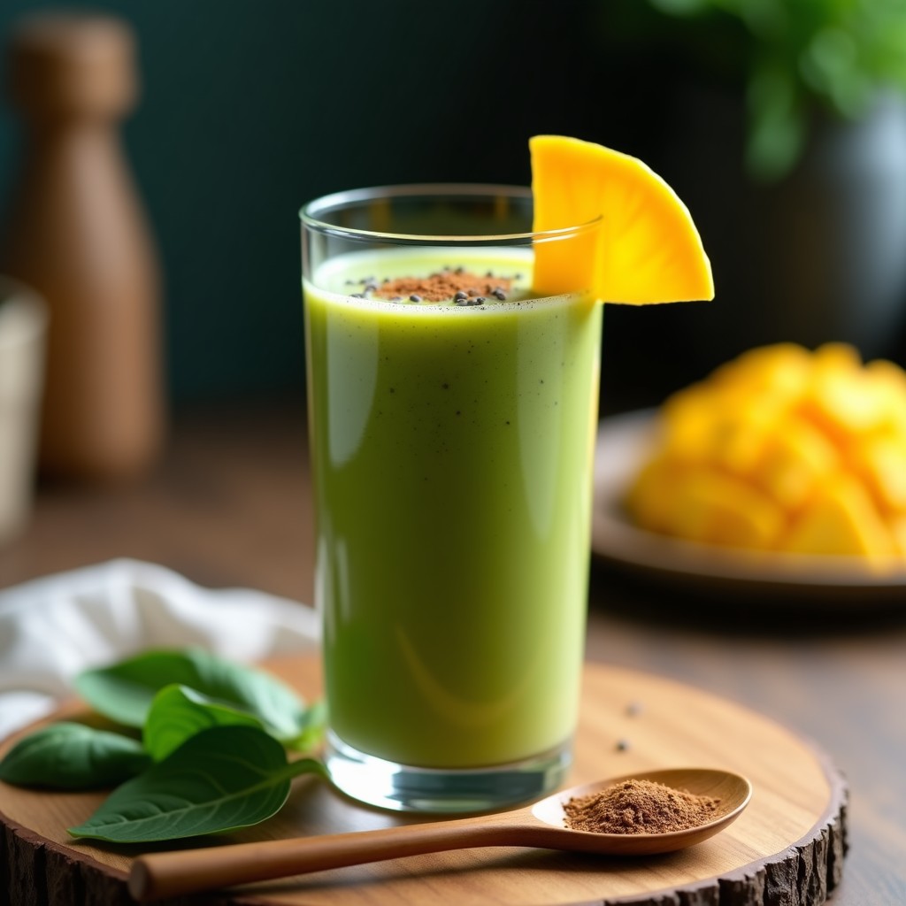 Vaso alto transparente con smoothie de espinaca, mango y chía keto, de color verde claro con vetas amarillas. Decorado con rodajas de mango, semillas de chía y una pizca de canela en polvo. Fondo con hojas de espinaca fresca y una cuchara de madera.