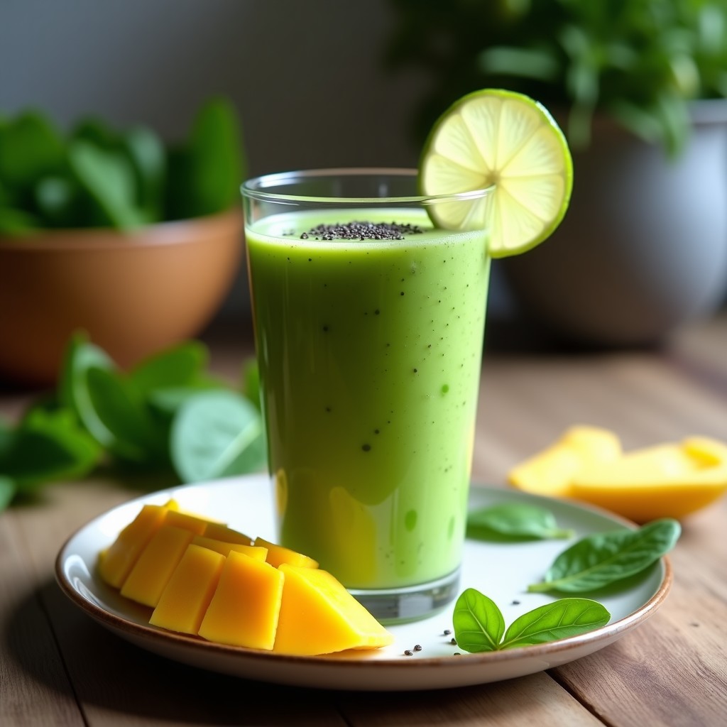 Vaso alto transparente con smoothie verde vibrante de espinaca y mango, coronado con semillas de chía y una rodaja de limón, sobre fondo de madera rústica con hojas de espinaca fresca.