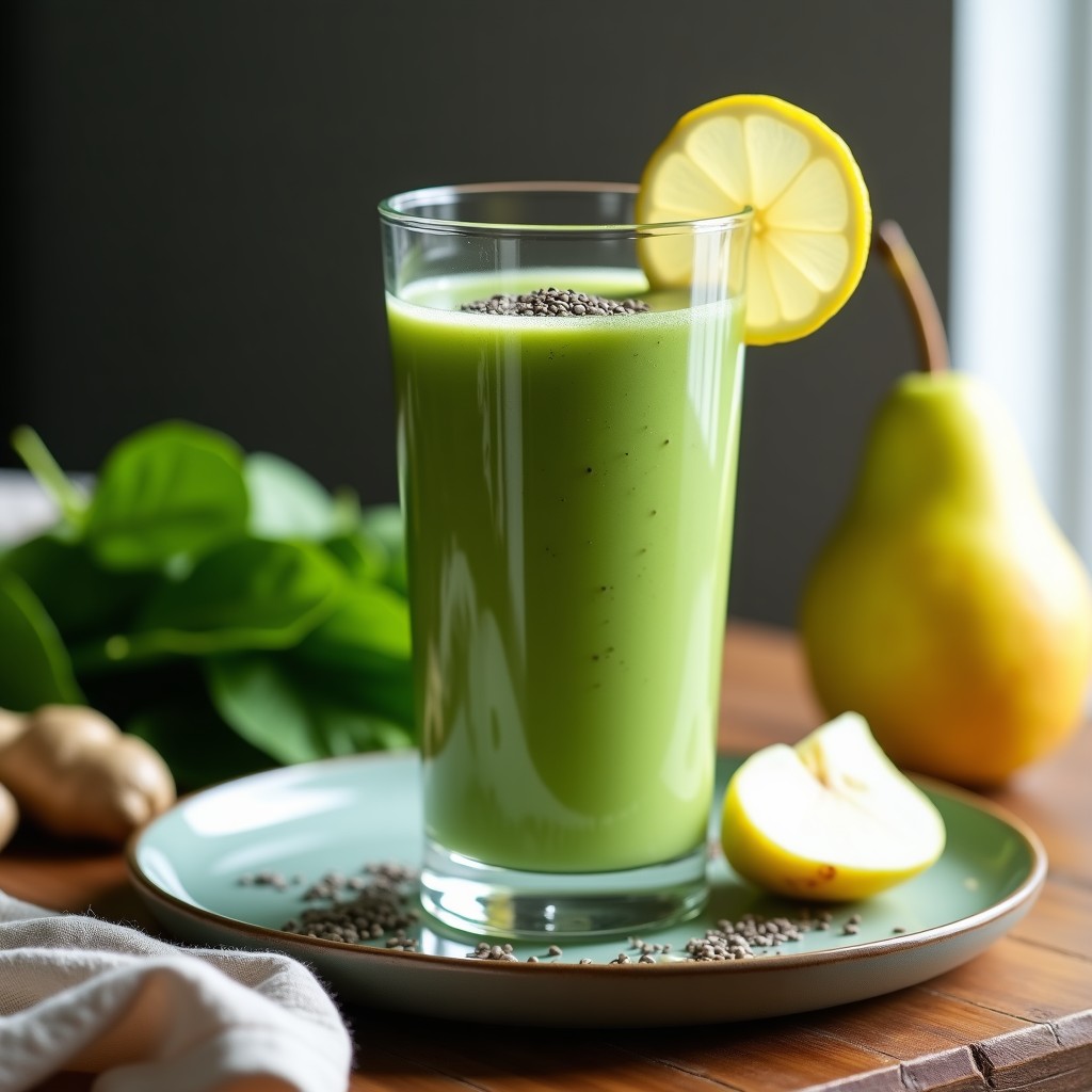 Vaso alto transparente con smoothie verde esmeralda espeso, coronado con semillas de chía y una pizca de canela. Al fondo, ingredientes frescos: espinacas, pera en rodajas, jengibre y leche de almendras. Receta detox keto smoothie de espinaca, pera y jengibre.