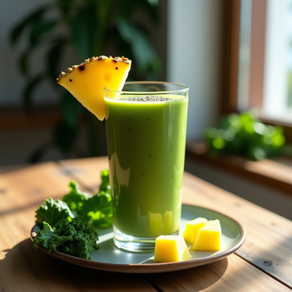 Vaso alto transparente con smoothie verde cremoso de espinaca, piña y kale, decorado con semillas de chía y una rodaja de piña, sobre una mesa de madera con hojas de kale al lado.
