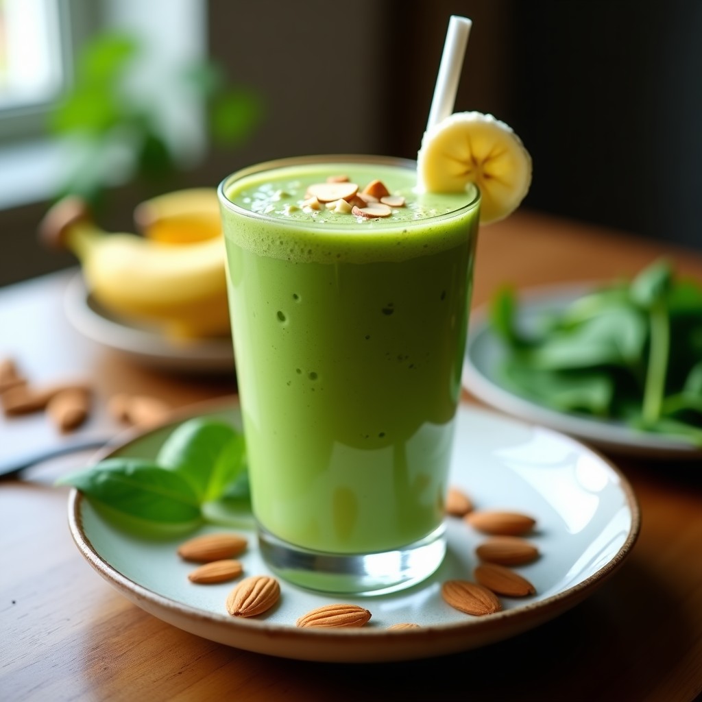 Vaso alto transparente con smoothie verde cremoso de espinaca, plátano y almendra, decorado con rodajas de plátano y almendras fileteadas sobre una mesa de madera rústica.