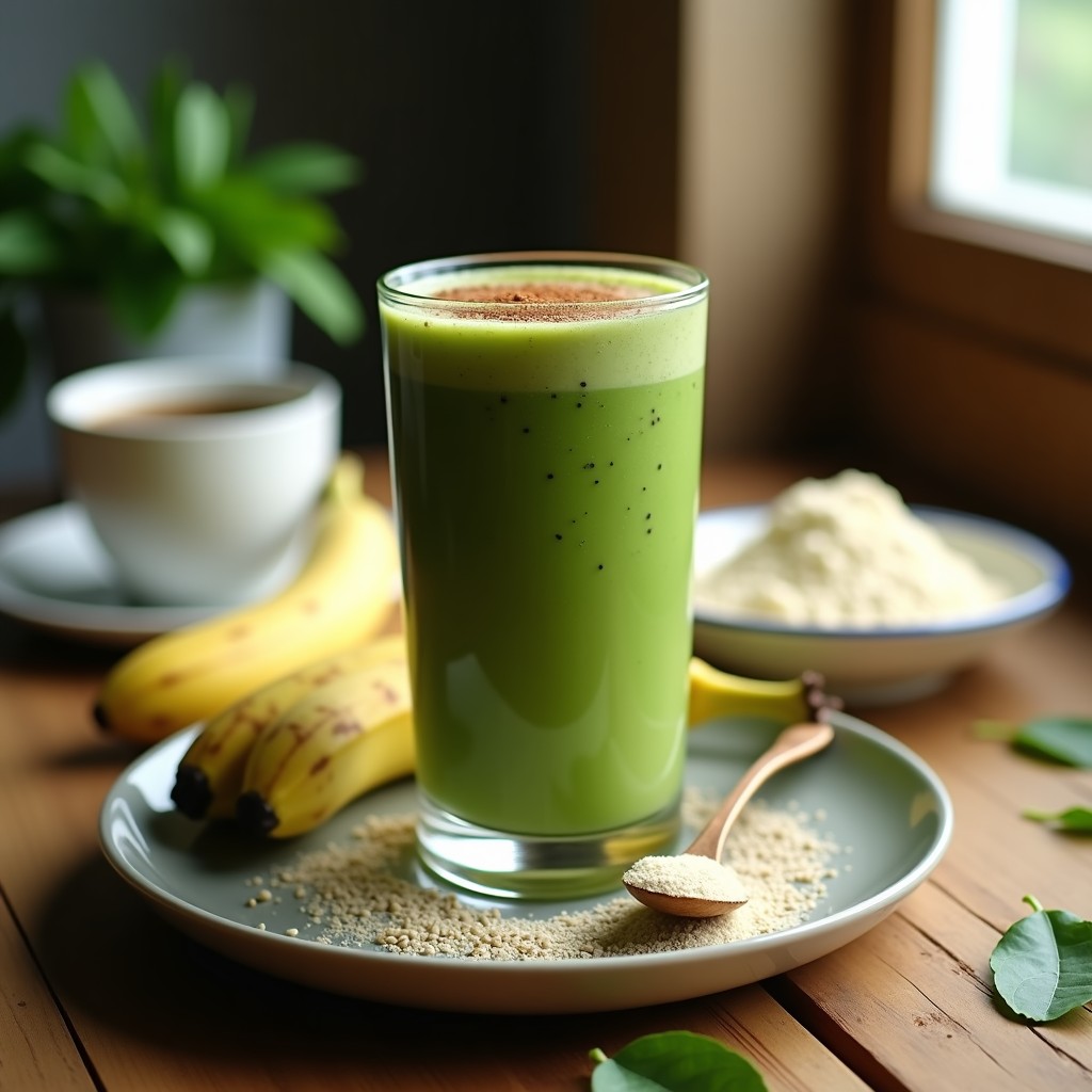 Vaso alto transparente con smoothie verde cremoso de espinaca, plátano y café, decorado con semillas de chía y canela, sobre fondo de madera con ingredientes dispersos.