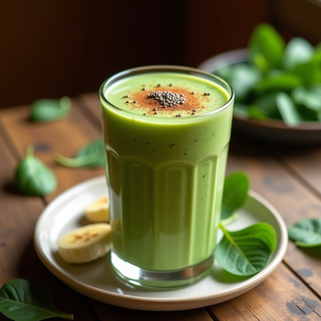 Vaso transparente con smoothie verde espumoso de espinaca, plátano y café, decorado con canela en polvo y semillas de chía, sobre fondo de madera rústica con hojas de espinaca fresca.