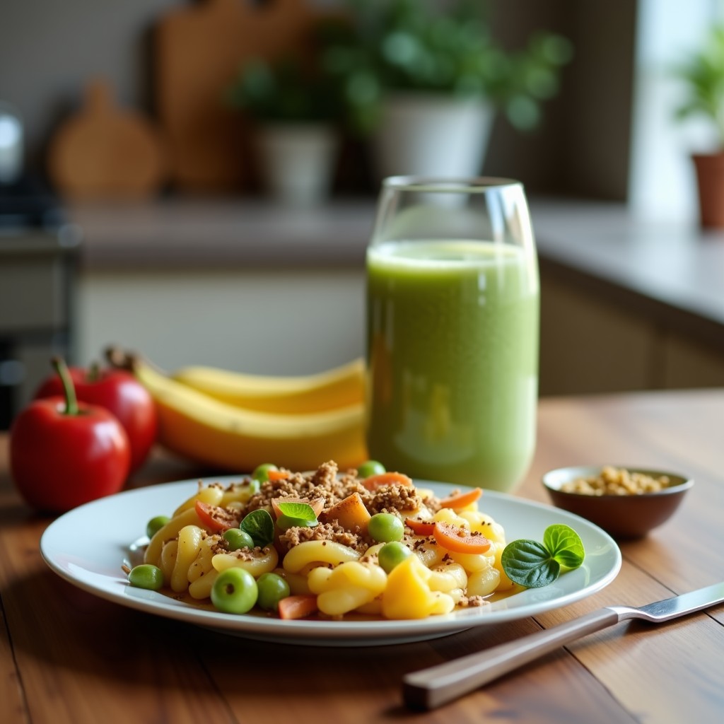 Vaso alto de cristal con smoothie verde cremoso de espinacas y plátano, decorado con semillas de chía y canela, sobre fondo de madera rústica con hojas de espinacas frescas.