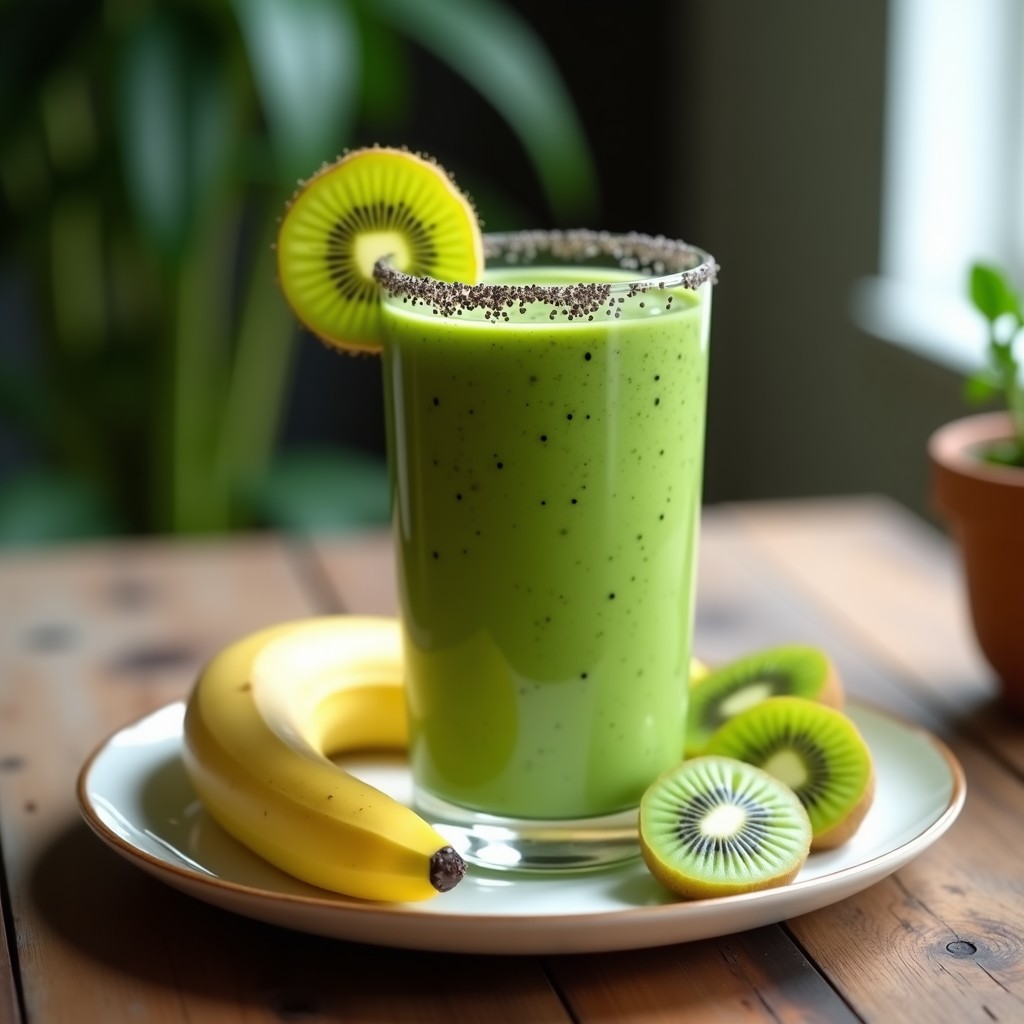 Vaso alto de cristal con smoothie verde vibrante de espinaca, plátano y kiwi, decorado con rodajas de kiwi y semillas de chía, sobre fondo rústico de madera.