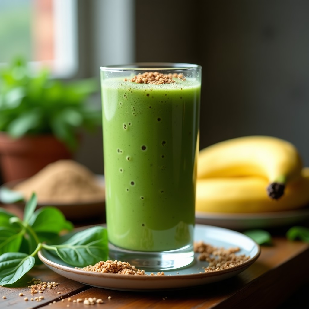Vaso alto de cristal con smoothie verde espeso de espinacas y plátano, coronado con semillas de cáñamo y un toque de canela, sobre fondo de madera rústica con hojas de espinacas frescas alrededor.