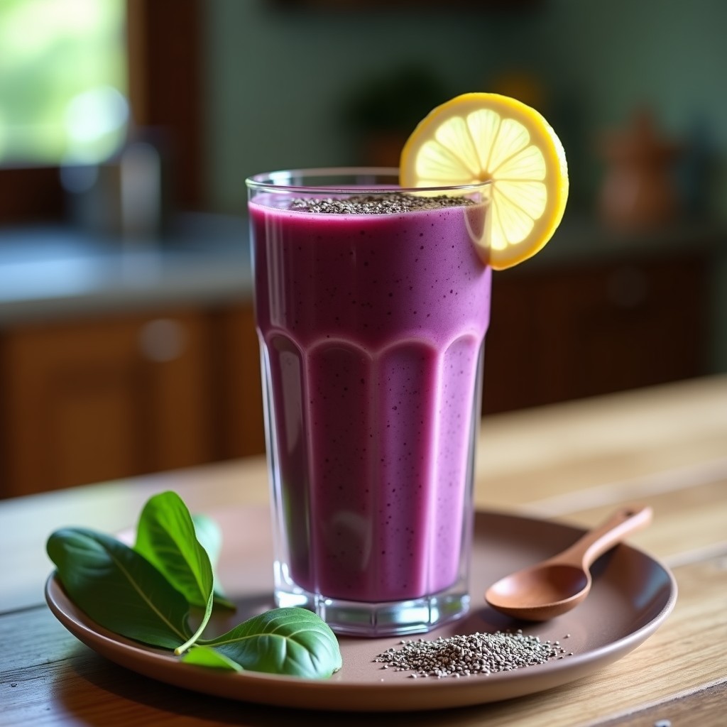Vaso alto de cristal con smoothie de espinacas açaí y protein powder, de color morado intenso con vetas verdes, decorado con semillas de chía y una rodaja de limón sobre una mesa de madera rústica. Bebida post-entreno alta en nutrientes.