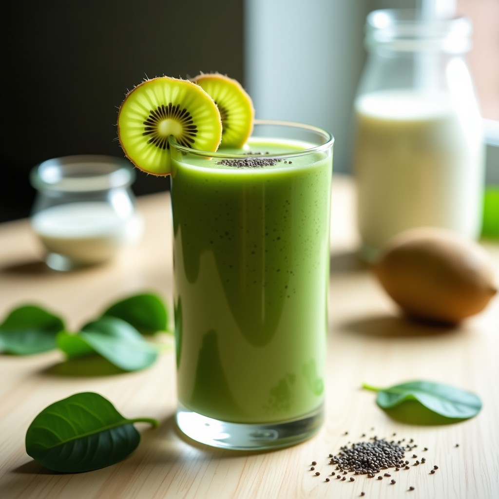 Vaso alto transparente con smoothie verde cremoso de espinacas y kiwi, decorado con rodajas de kiwi y semillas de chía, sobre fondo de madera clara con hojas de espinacas frescas y un tarro de leche de sésamo al lado.