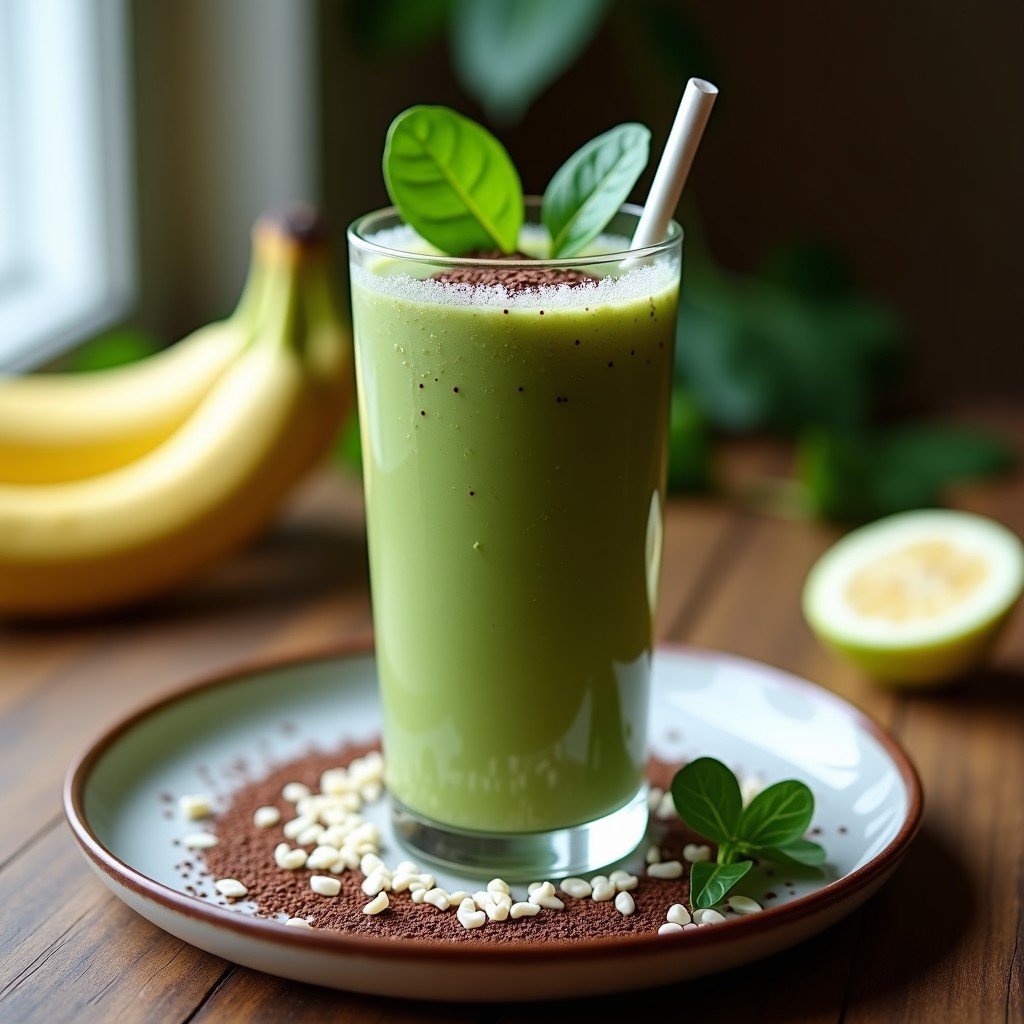 Vaso alto con smoothie keto de espinacas, plátano y cacao, espeso y cremoso, decorado con semillas de chía y virutas de coco, sobre fondo de madera rústica.