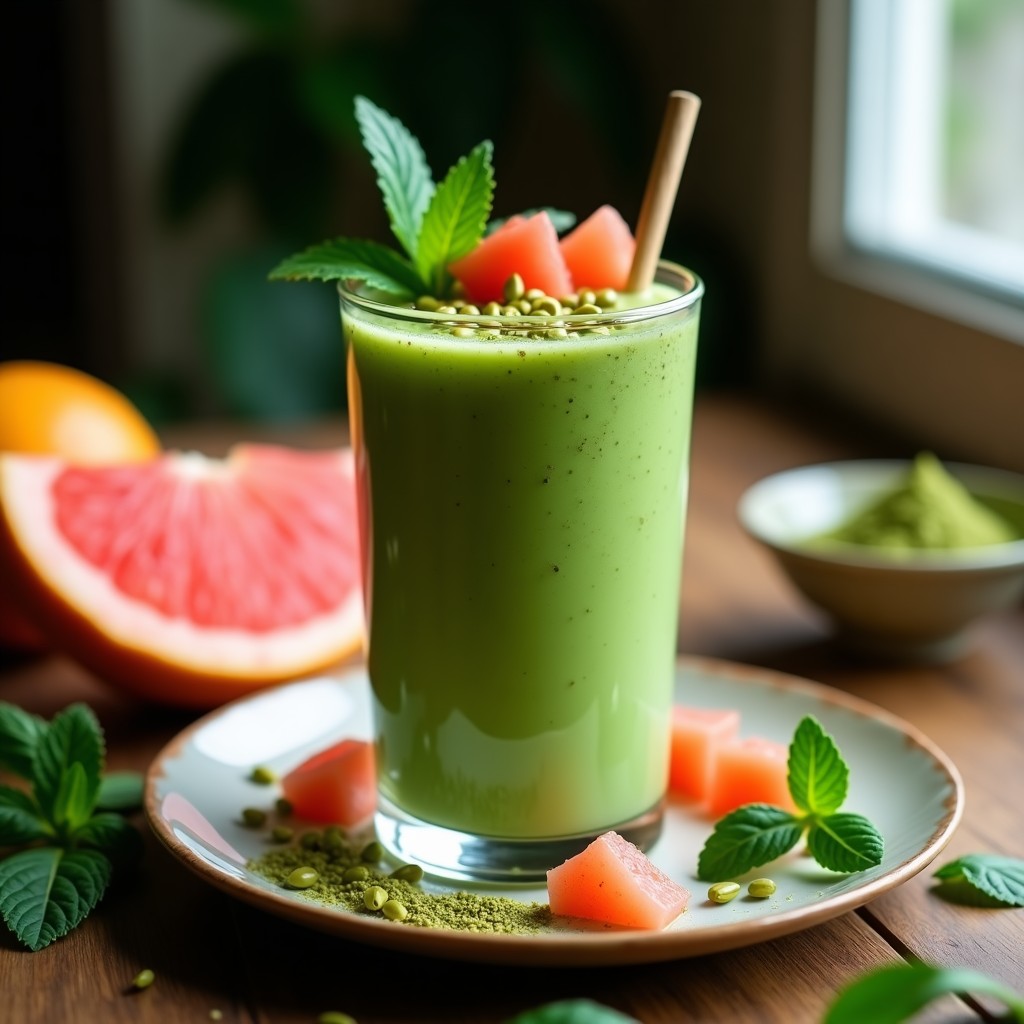 Vaso alto de cristal con smoothie verde vibrante coronado por semillas de kiwano y rodajas de pomelo rosa, servido sobre mesa de madera con hojas de menta fresca y una cucharada de espirulina en polvo al lado.