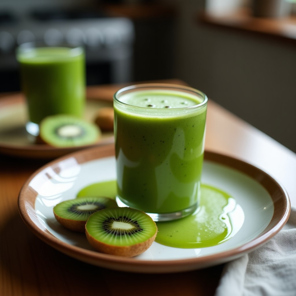 Vaso alto transparente con smoothie verde vibrante de espirulina y kiwi, coronado con leche de coco espumosa y una rodaja de kiwi. Fondo blanco con semillas de chía y espirulina en polvo esparcidas.