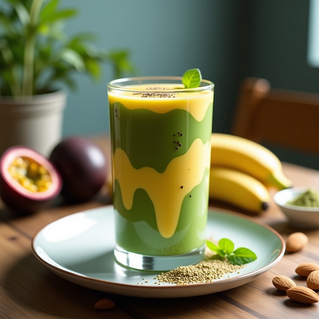 Vaso alto transparente con smoothie de espirulina, maracuyá y leche de almendras, de color verde intenso con vetas amarillas, decorado con semillas de chía y gotas de pulpa de maracuyá, sobre una mesa de madera con ingredientes al fondo.