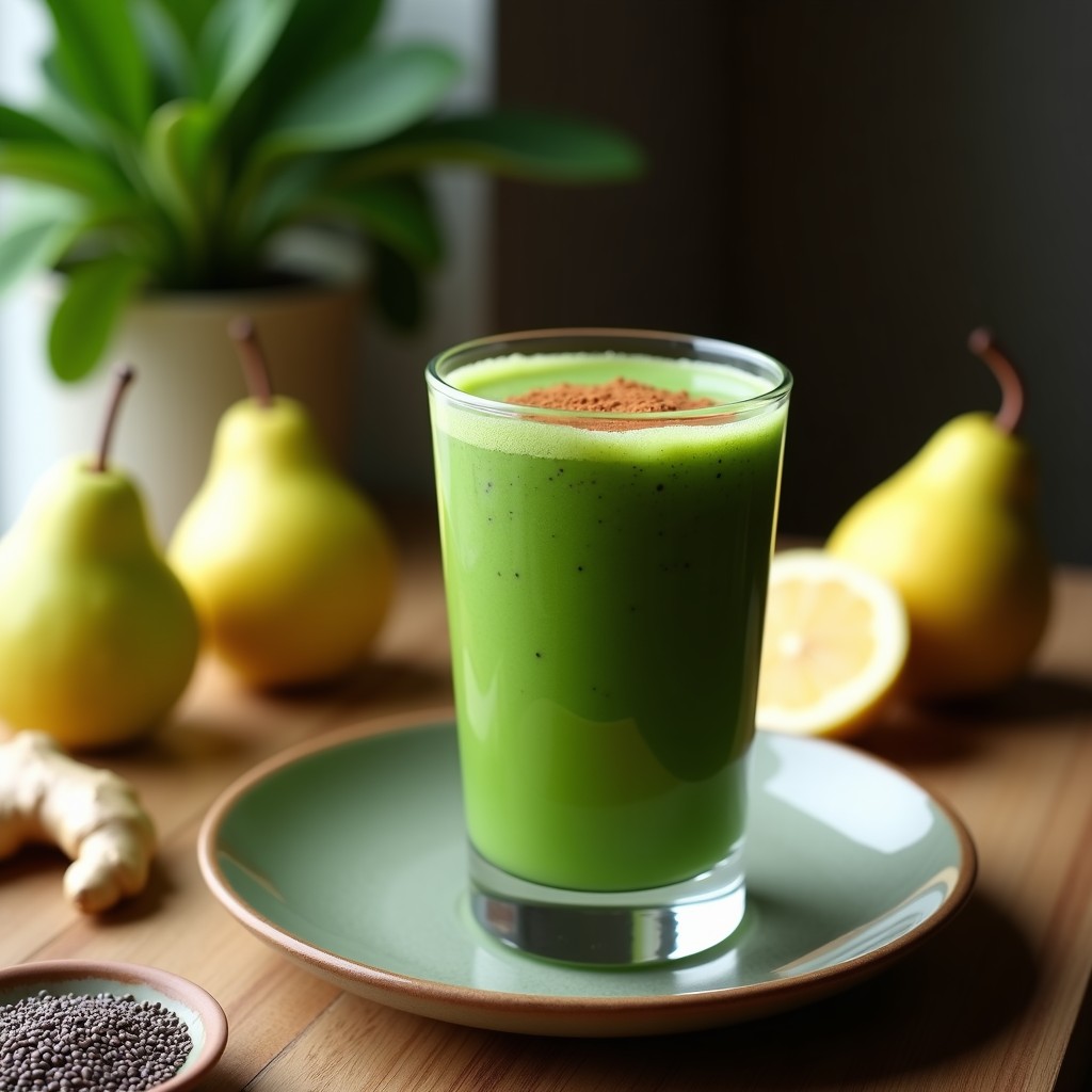 Vaso alto de cristal con smoothie verde esmeralda de espirulina y pera, coronado con canela en polvo, sobre fondo de madera rústica con ingredientes frescos: peras, jengibre, limón y semillas de chía dispersos. Bebida detox verde brillante y cremosa.
