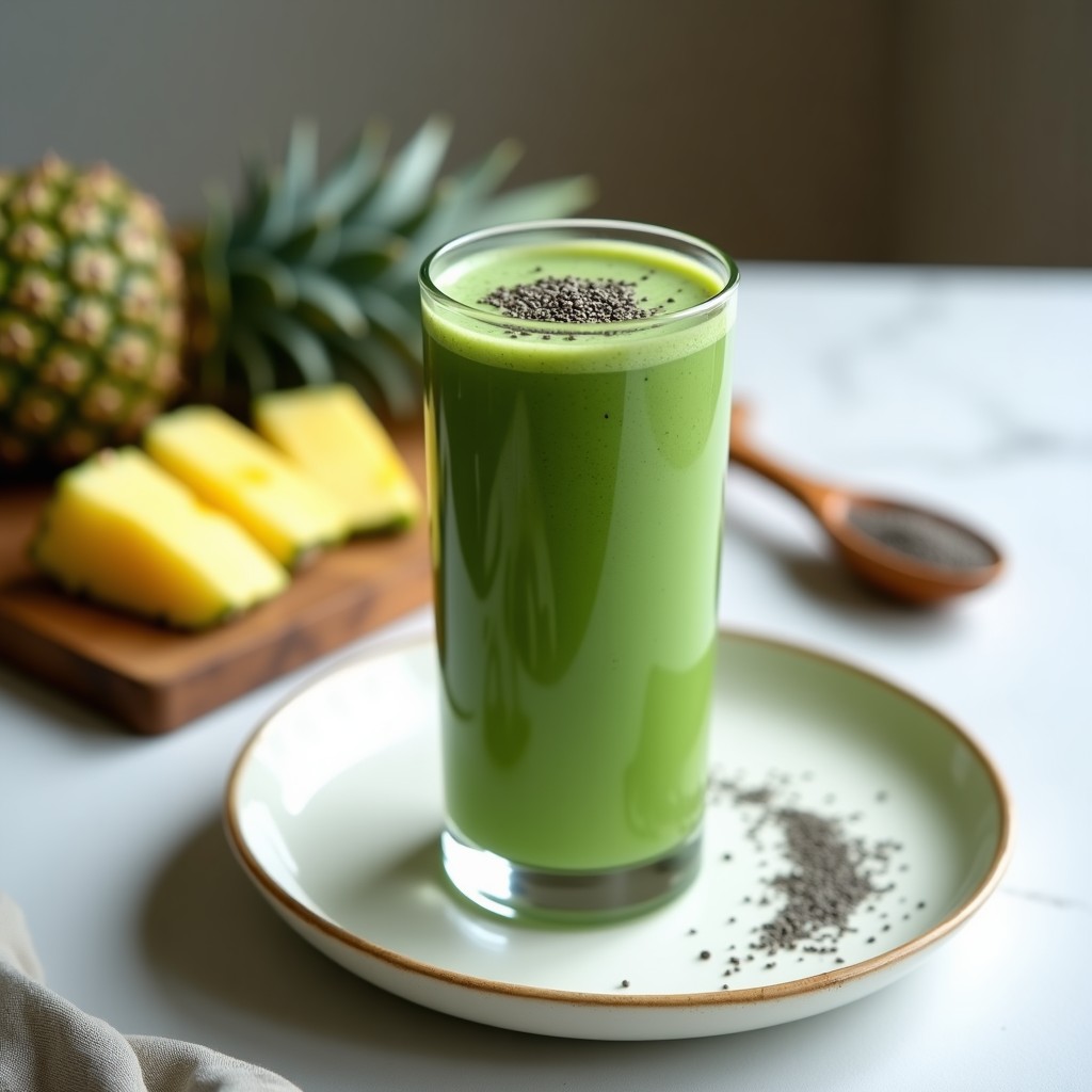 Vaso alto transparente con smoothie verde azulado de espirulina y piña, coronado con semillas de chía y una rodaja de piña. Fondo con hojas de menta y luz natural resaltando la textura cremosa.