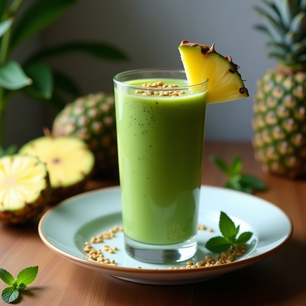 Vaso transparente con smoothie verde esmeralda de espirulina y piña, decorado con semillas de calabaza y una rodaja de piña, servido sobre una mesa de madera con hojas de menta al lado.