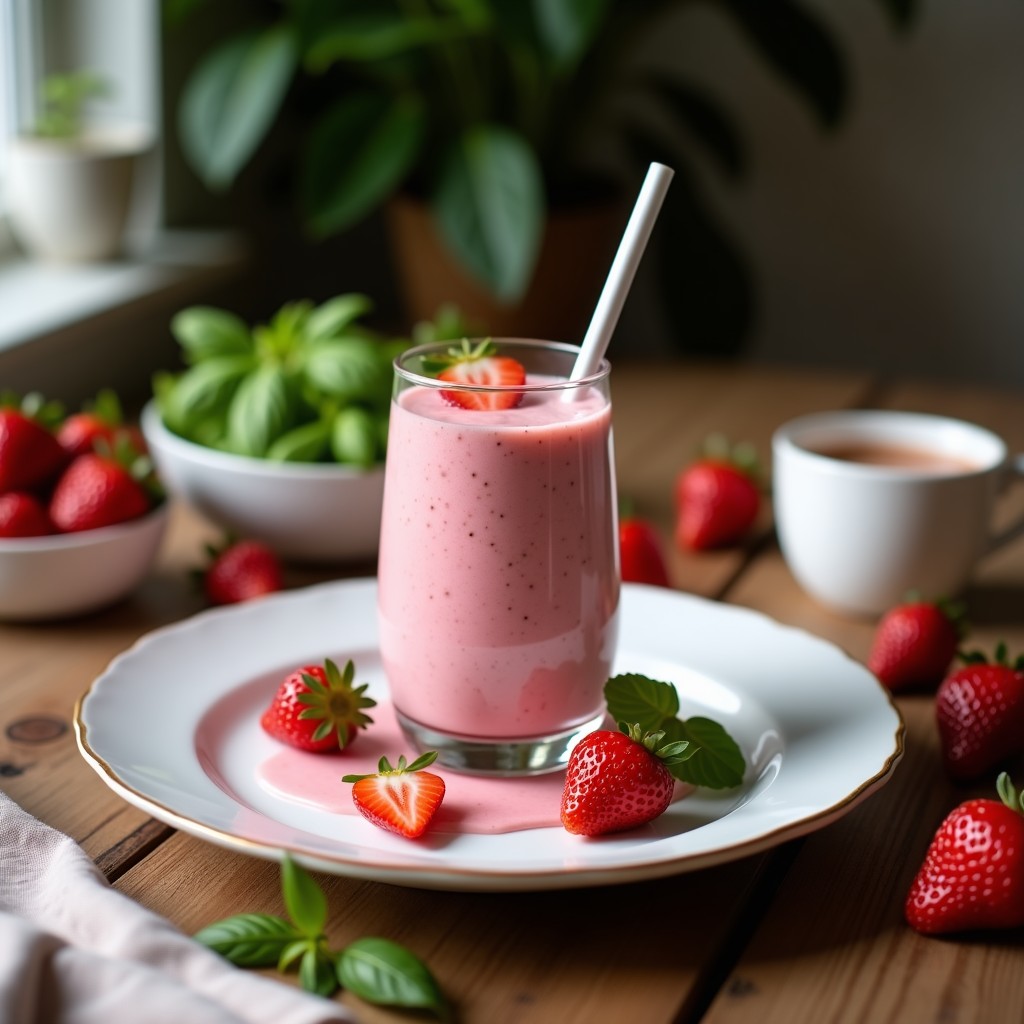Vaso alto de cristal con smoothie rosa y cremoso de fresa y albahaca, decorado con una rodaja de fresa y una hoja de albahaca fresca, sobre una mesa de madera con ingredientes alrededor: fresas enteras, plátano y leche de coco.