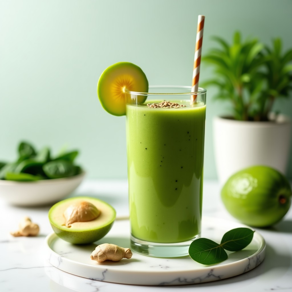 Vaso alto transparente con smoothie verde vibrante de guayaba y espinacas, decorado con semillas de sésamo tostado y una rodaja de limón al borde. Fondo con hojas de espinacas y trozos de guayaba fresca.
