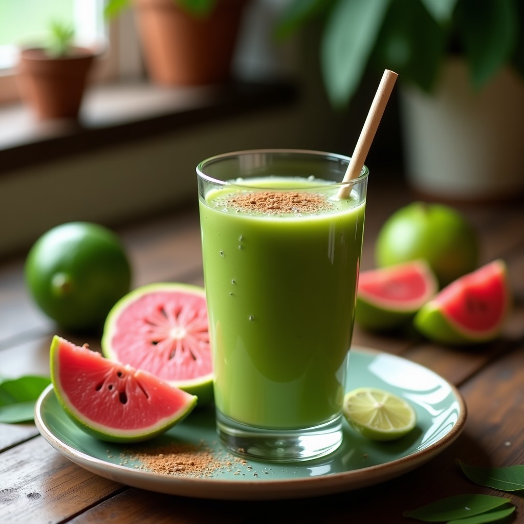 Smoothie verde vibrante en vaso alto de cristal, con capas visibles de pulpa de guayaba y espirulina, decorado con semillas de sésamo tostadas y una rodaja de lima al borde. Bebida colombiana detox fresca y refrescante.