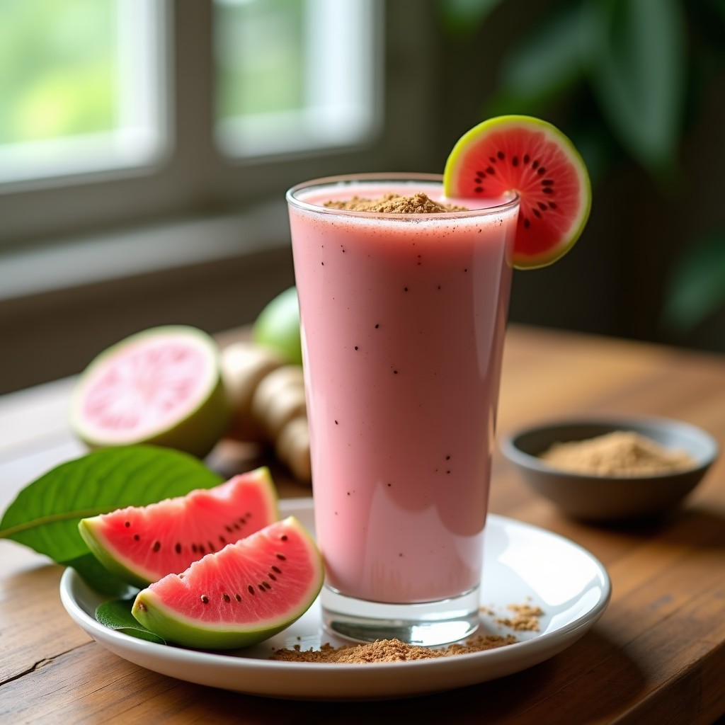 Vaso alto de cristal con smoothie cremoso de color rosado claro, decorado con semillas de cáñamo, rodaja de guayaba y pizca de canela. Fondo con hojas de guayaba y trozos de jengibre fresco. Bebida energética vegana alta en proteína con protein powder de cáñamo.