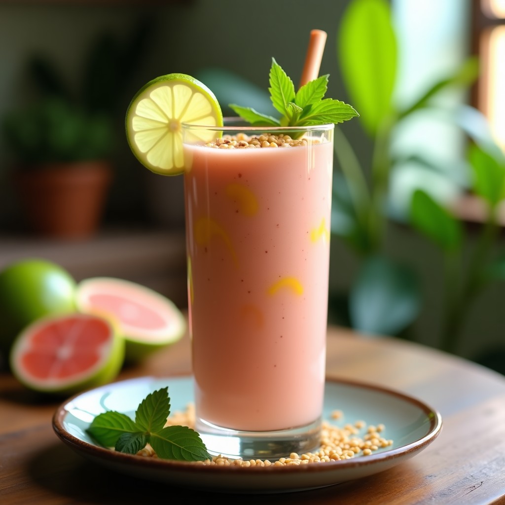 Vaso alto transparente con smoothie de guayaba y lima, de color rosado claro con vetas amarillas, decorado con semillas de chía y linaza dorada, rodaja de lima al borde y fondo de hojas de menta. Bebida tropical sin azúcar con textura cremosa.