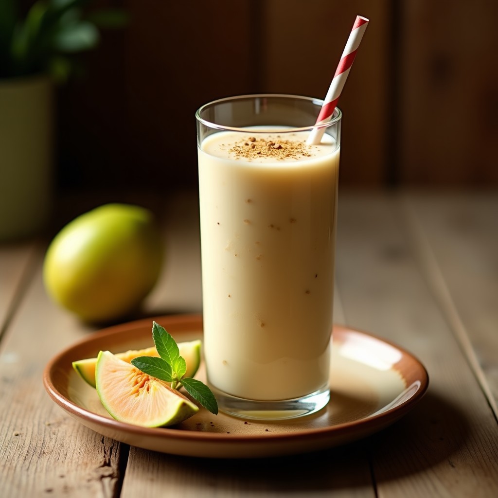 Smoothie cremoso de color rosado pálido servido en vaso alto de cristal con pajita de metal, decorado con semillas de linaza dorada y copos de coco tostado. Fondo borroso con guayabas frescas y hojas de coco.
