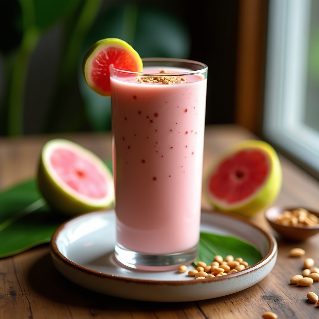 Vaso alto de cristal con smoothie de guayaba y semillas de sacha inchi, bebida tropical cremosa de color rosado claro, decorado con semillas de sacha inchi tostadas y una rodaja de guayaba al lado. Fondo con hojas de plátano y luz natural.