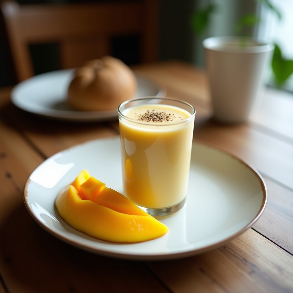 Vaso alto transparente con smoothie cremoso de color amarillo dorado, coronado con semillas de hémp y trozos de mango fresco. Fondo con hojas de coco y una cuchara de madera, destacando la textura espesa y los ingredientes naturales del Smoothie de Kéfir de Coco y Mango con Semillas de Hemp.