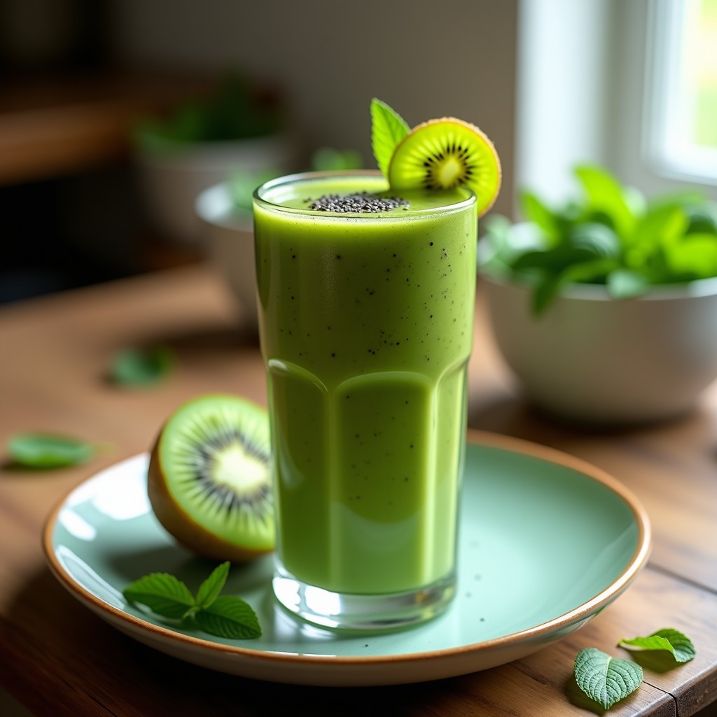 Vaso alto de cristal con smoothie verde vibrante de kiwi y espinaca, decorado con semillas de chía y rodajas de kiwi, sobre fondo de madera rústica con hojas de menta.