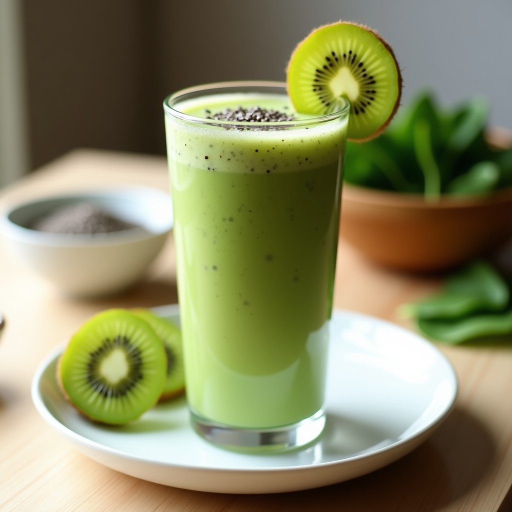 Vaso alto transparente con smoothie verde vibrante de kiwi y espinaca, coronado con semillas de chía y una rodaja de kiwi. Receta probiótica con kéfir.