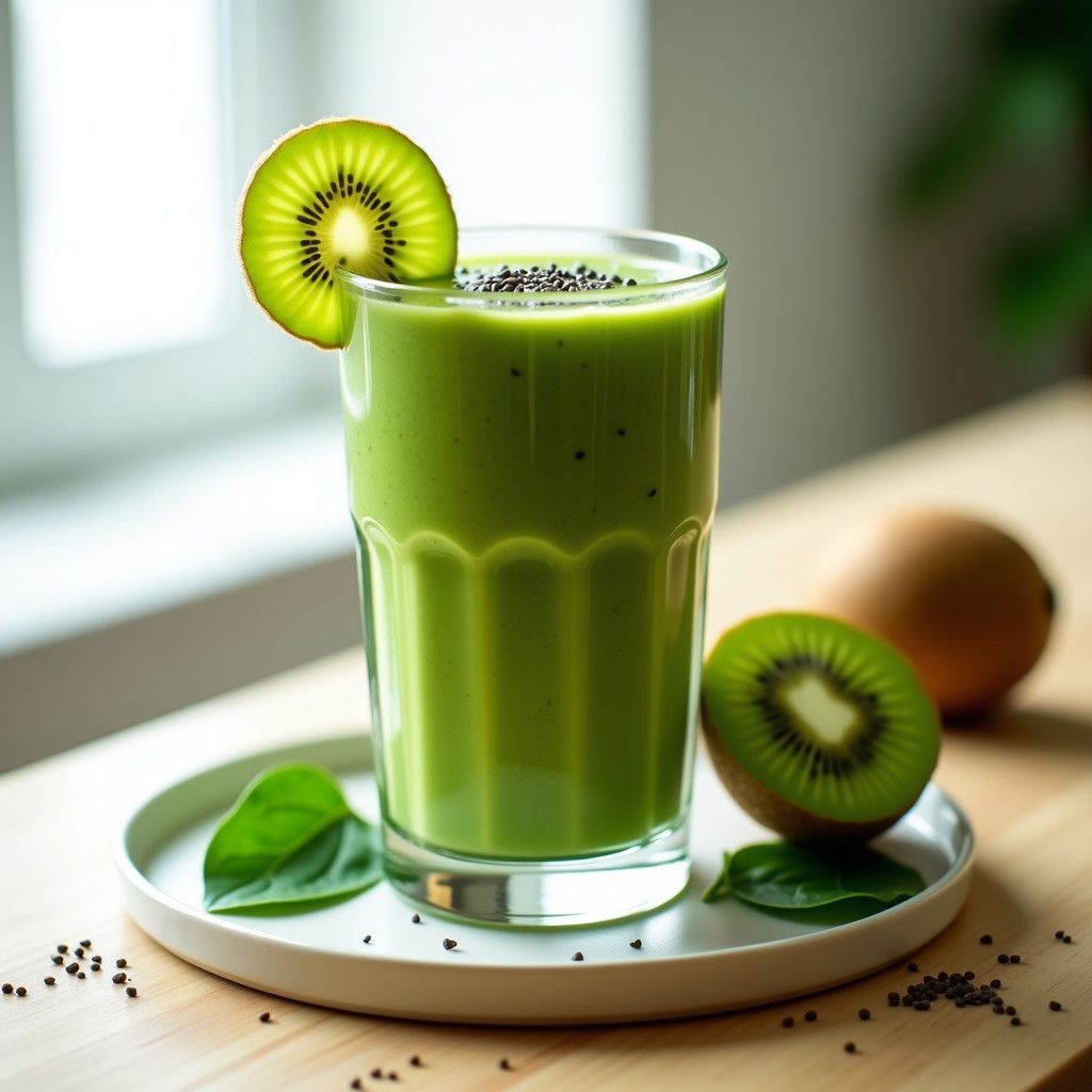 Vaso alto transparente con smoothie verde vibrante de kiwi y espinaca, espolvoreado con semillas de chía y decorado con una rodaja de kiwi. Fondo minimalista con hojas de espinaca frescas.