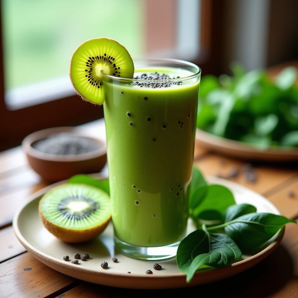 Vaso alto transparente con smoothie verde vibrante de kiwi y espinaca, coronado con semillas de chía y una rodaja de kiwi, sobre fondo de madera con hojas de espinaca frescas.