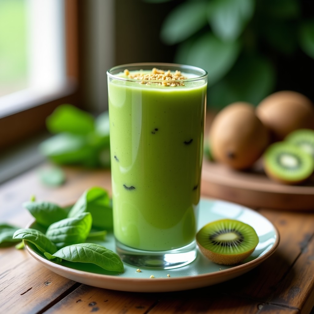 Vaso alto transparente con smoothie verde intenso de kiwi y espinacas, coronado con semillas de cáñamo doradas. Fondo con hojas de espinaca frescas y rodajas de kiwi. Bebida detox sin lactosa.