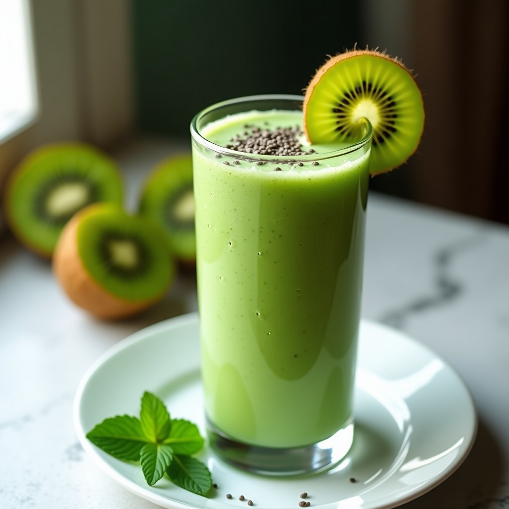 Vaso alto de cristal con smoothie verde vibrante de kiwi y espinacas, coronado con semillas de chía y una rodaja de kiwi. Fondo claro con hojas de menta y gotas de condensación en el vaso.
