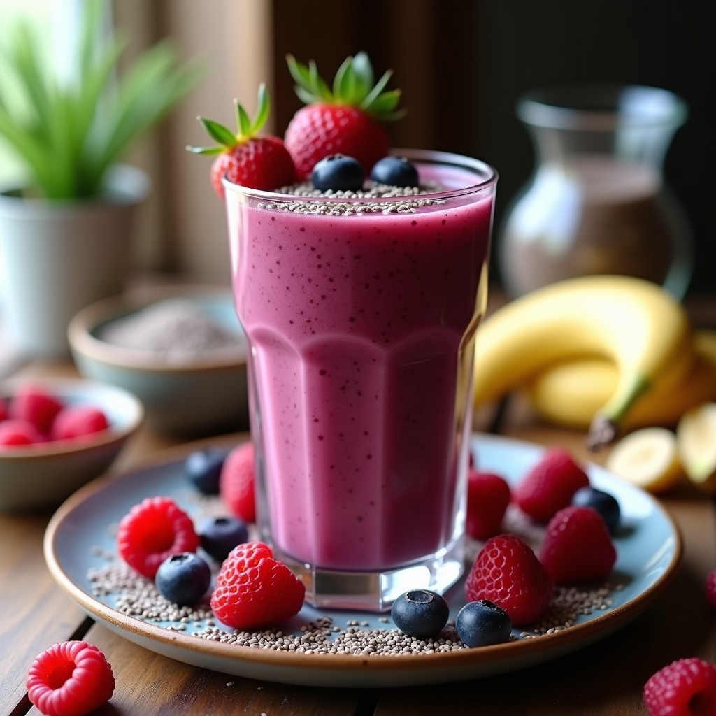 Vaso alto transparente con smoothie de kiwicha y frutos rojos, de color morado intenso, decorado con semillas de chía y frutos rojos frescos. Fondo con ingredientes: kiwicha en grano, frambuesas, arándanos y plátano. Bebida andina alta en antioxidantes y sin lactosa.