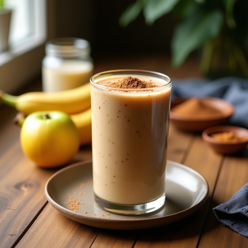 Vaso alto transparente con smoothie de lúuma y plátano con canela, de color beige cremoso, decorado con una pizca de canela en polvo y semillas de quinoa tostada, sobre una mesa de madera rústica con ingredientes naturales al fondo.
