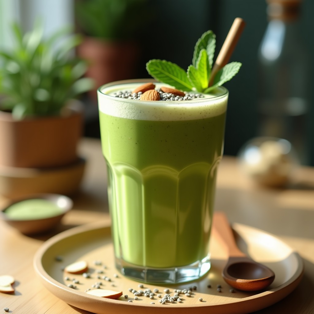 Vaso alto de cristal con smoothie verde vibrante de matcha, chía y almendras, decorado con semillas de chía y almendras fileteadas, sobre fondo de madera clara con hojas de menta.