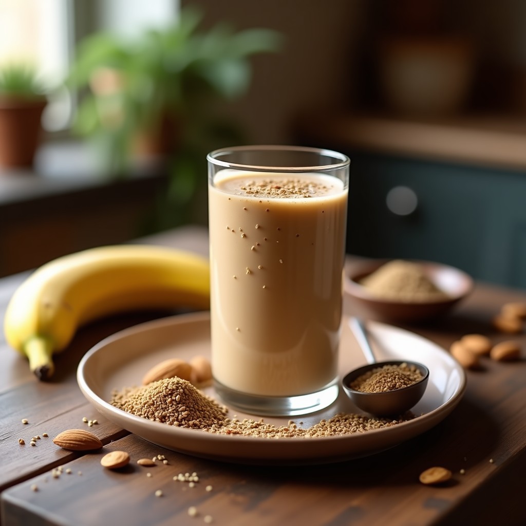 Vaso alto de cristal con smoothie de maca andina cremoso, decorado con semillas de chía y una pizca de maca en polvo, sobre una mesa rústica de madera con ingredientes al fondo.