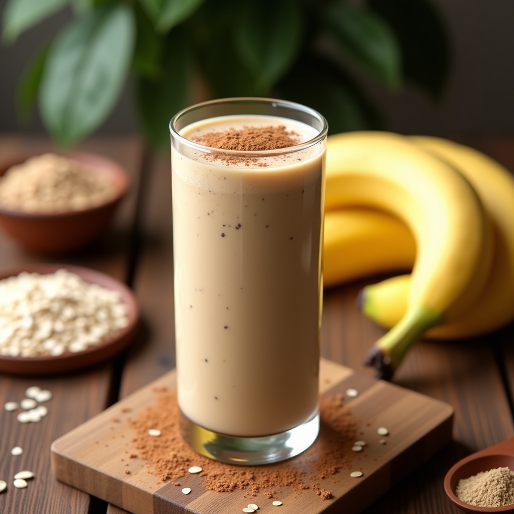 Vaso alto de cristal con smoothie de maca andina espeso y cremoso, color beige claro, decorado con un espiral de canela en polvo y semillas de chía. Fondo con ingredientes: plátano, avena y maca en polvo esparcidos sobre una tabla de madera rústica.