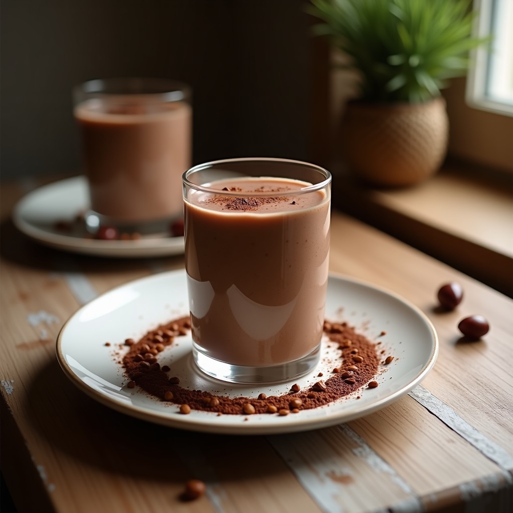 Vaso alto transparente con smoothie keto de máca y cacao, decorado con almendras fileteadas y espolvoreado con cacao en polvo, sobre fondo de madera rústica.