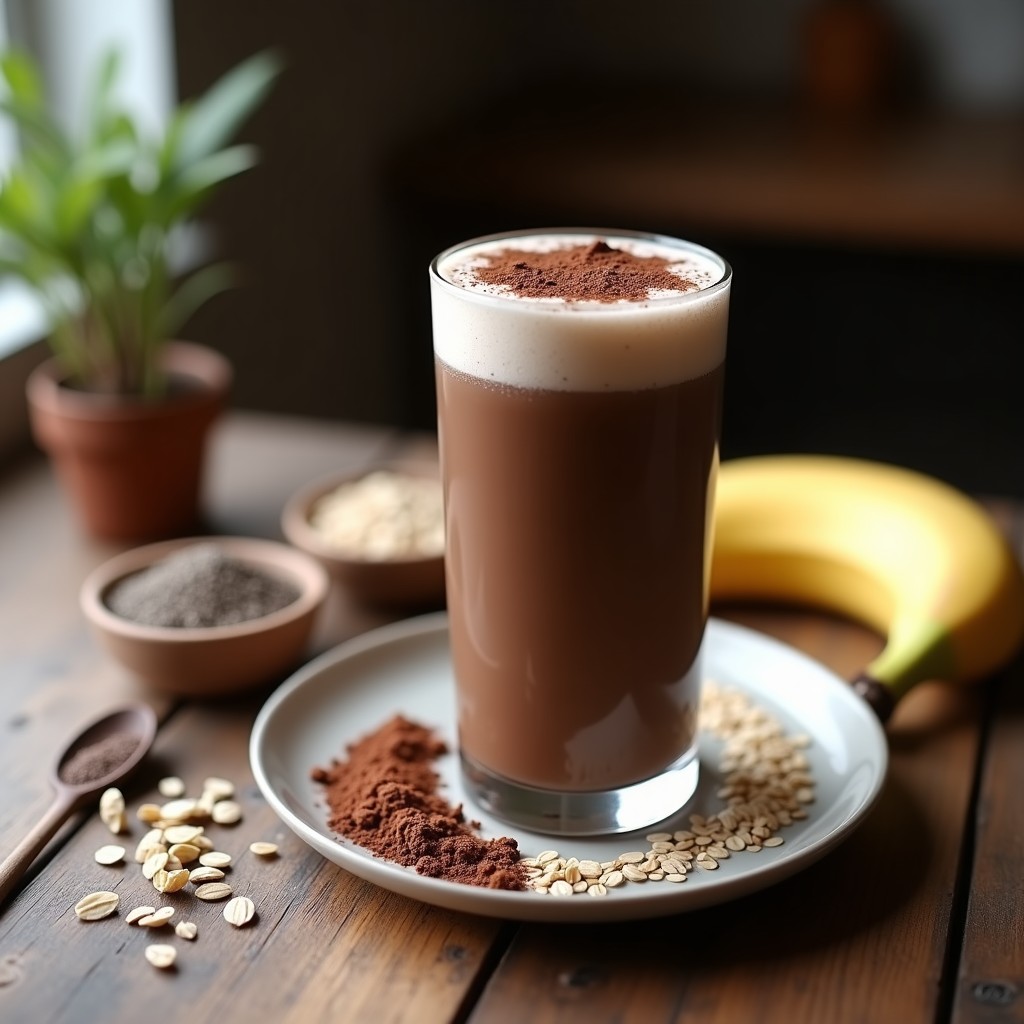 Vaso alto de cristal con smoothie de maca y cacao, espuma cremosa en la superficie y decoración de cacao en polvo espolvoreado, fondo de cocina con ingredientes naturales como plátano, semillas de chía y avena.