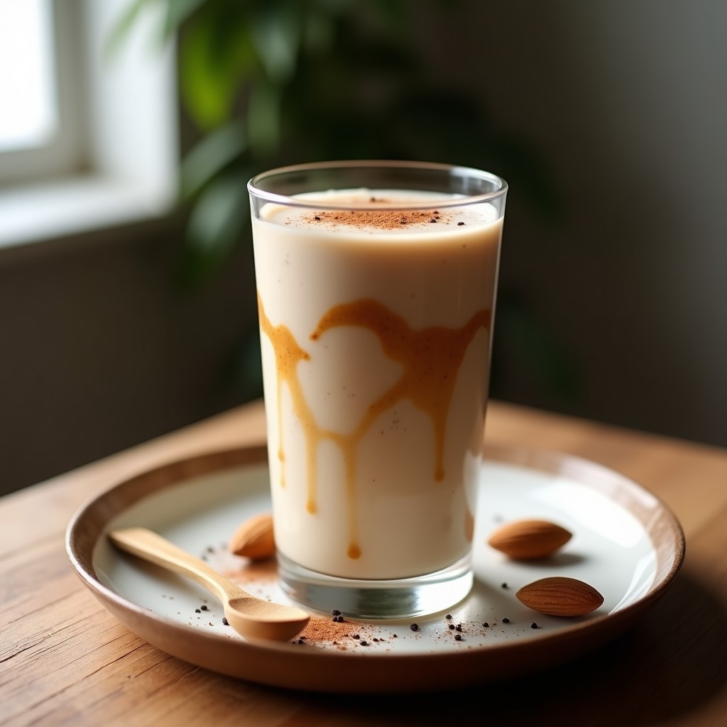Vaso alto transparente con smoothie de máca y café proteico, capa cremosa de color beige con vetas oscuras, decorado con semillas de chía y canela en polvo, fondo rústico de madera.