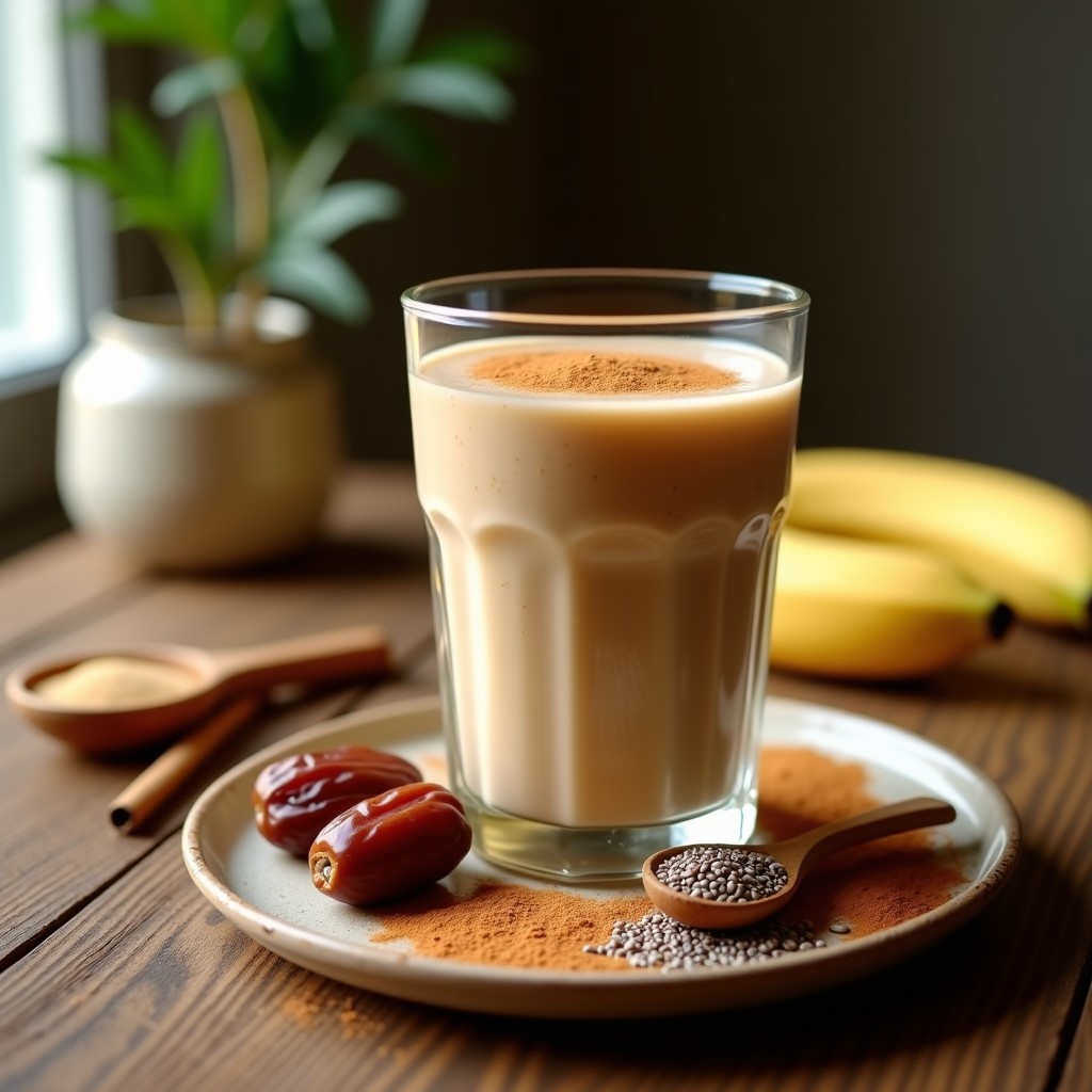Vaso alto transparente con smoothie cremoso de color beige, espolvoreado con canela en polvo, rodeado de ingredientes como plátano, dátiles y semillas de chía sobre una mesa de madera rústica.